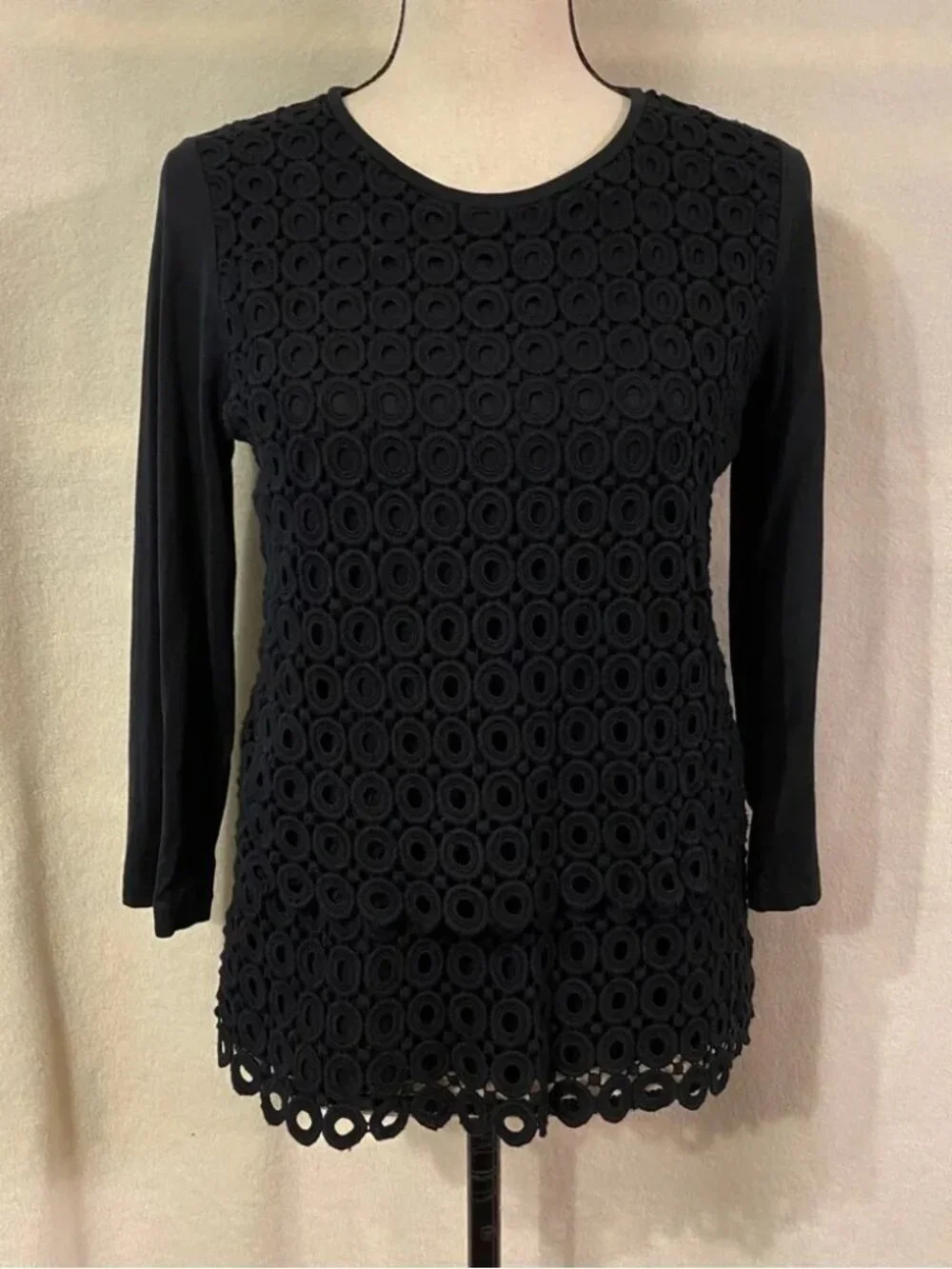 J. Crew black circle crochet lace layered tiered 3/4 sleeve cotton top